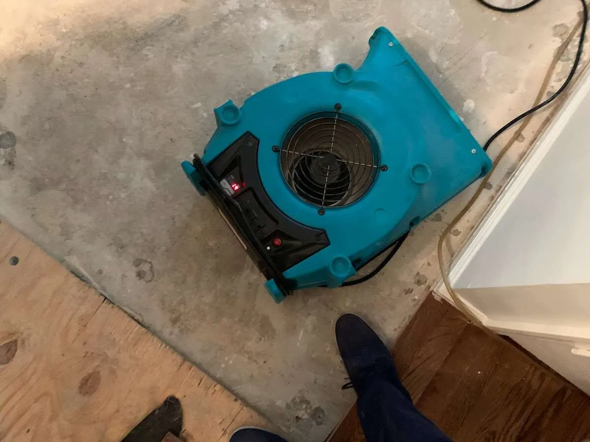 Air mover drying subfloor during Leak Detection & Repair in West Linn